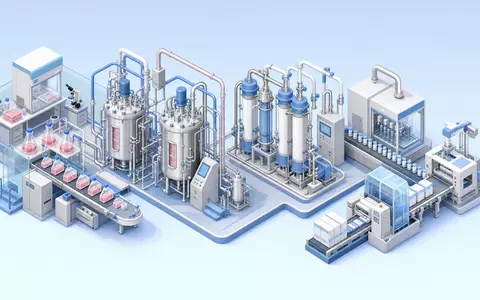 Regeneron Pharma US75886F1075 stellt ein isometrisches 3D-Diagramm der Bioreaktor-Wertschöpfungskette samt Zellkultur und Aufreinigung dar - Foto: THN