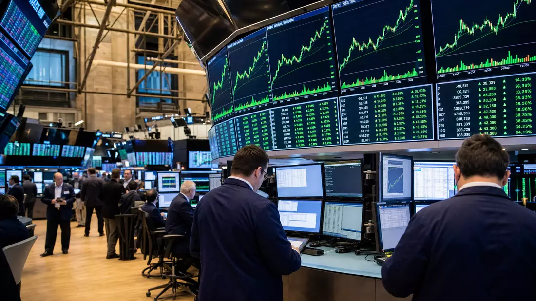 Trading-Floor mit Händlern vor Bildschirmen mit steigenden Biotech-Aktiencharts