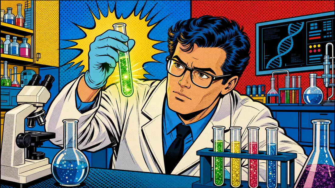 Pop-Art-Comic-Illustration eines Wissenschaftlers mit leuchtendem Reagenzglas im Labor