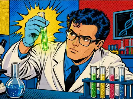 Regeneron Pharma US75886F1075 präsentiert eine farbenfrohe Pop-Art-Comic-Szene eines Wissenschaftlers mit leuchtendem Reagenzglas im Labor - Foto: THN