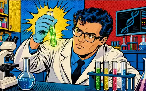 Regeneron Pharma US75886F1075 präsentiert eine farbenfrohe Pop-Art-Comic-Szene eines Wissenschaftlers mit leuchtendem Reagenzglas im Labor - Foto: THN