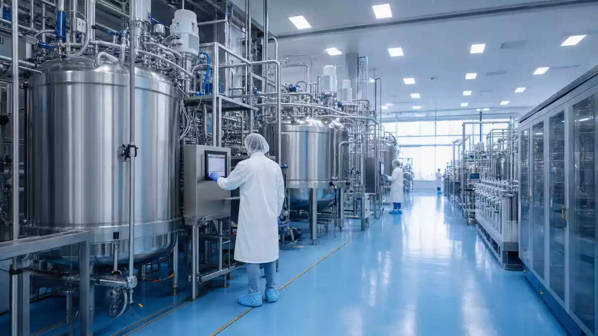 Moderne Life-Sciences-Produktionsanlage mit Bioreaktortanks und Forschern in Schutzkleidung