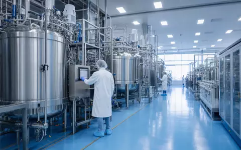 Danaher Corp. Bioprocessing-Anlage US2358511028 mit Bioreaktoren und Wissenschaftlern in moderner steriler Produktionshalle - Foto: THN