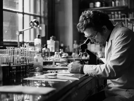 Danaher Corp. Diagnostik-Labor US2358511028 in dokumentarischer Schwarzweiß-Reportage mit Forscher am alten Mikroskop - Foto: THN