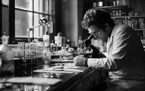 Danaher Corp. Diagnostik-Labor US2358511028 in dokumentarischer Schwarzweiß-Reportage mit Forscher am alten Mikroskop - Foto: THN