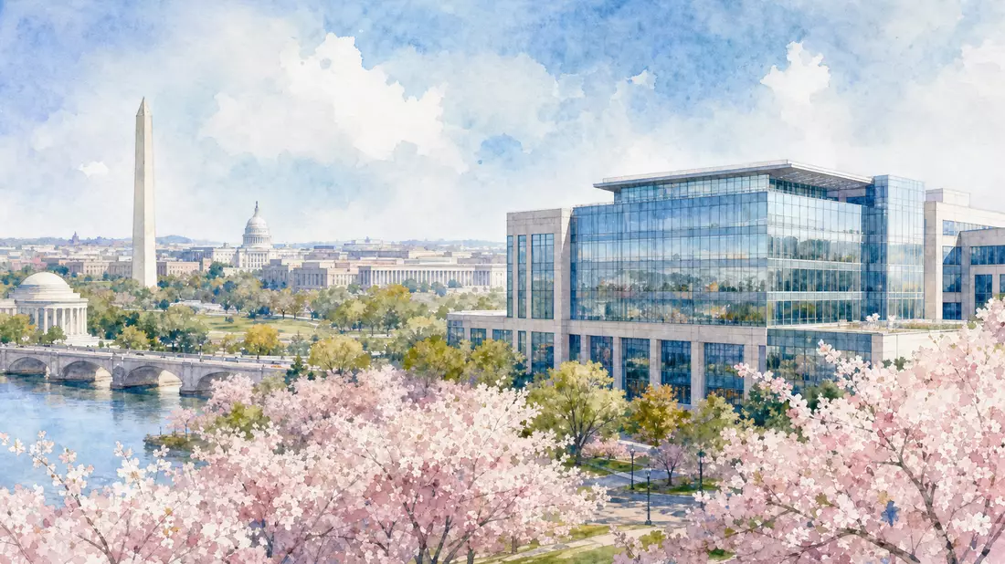 Aquarellgemälde des Firmensitzes in Washington DC mit Kirschblüten und Potomac-Panorama