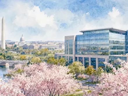 Danaher Corp. Unternehmenszentrale Washington DC US2358511028 als stimmungsvolles Aquarellgemälde mit Kirschblüten im Frühling - Foto: THN