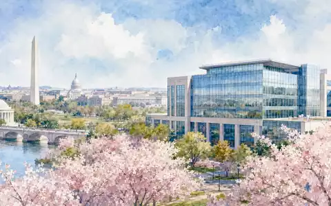 Danaher Corp. Unternehmenszentrale Washington DC US2358511028 als stimmungsvolles Aquarellgemälde mit Kirschblüten im Frühling - Foto: THN