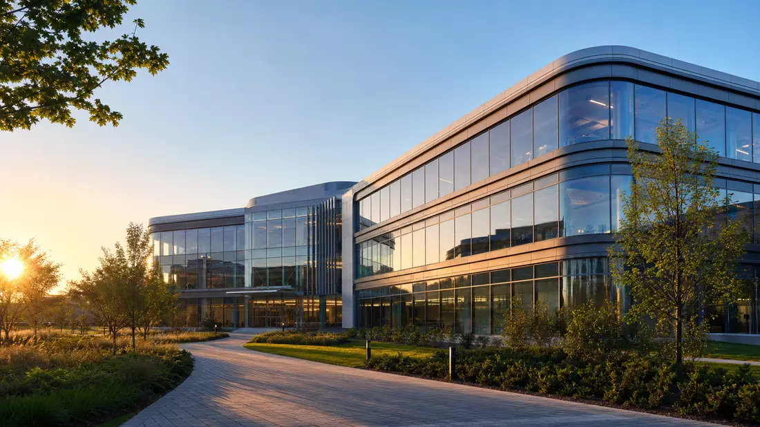 CGI-Architekturvisualisierung eines modernen Life-Sciences-Forschungscampus bei Sonnenuntergang