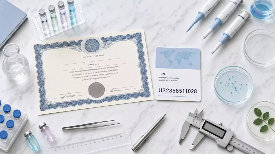 Flatlay mit Aktienzertifikat, ISIN-Karte US2358511028, Pipetten und Laborutensilien auf weißem Marmor