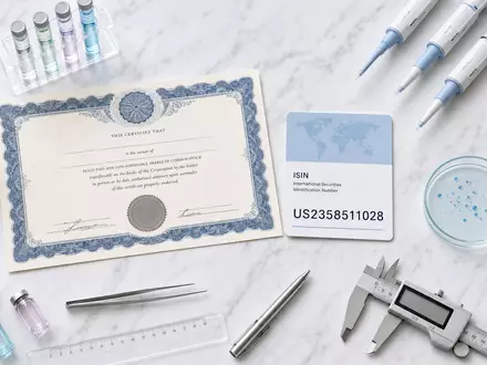 Danaher Corp. Aktien-Zertifikat und ISIN-Karte US2358511028 im Flatlay mit Laborutensilien auf weißem Marmor - Foto: THN