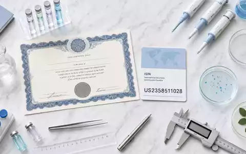 Danaher Corp. Aktien-Zertifikat und ISIN-Karte US2358511028 im Flatlay mit Laborutensilien auf weißem Marmor - Foto: THN