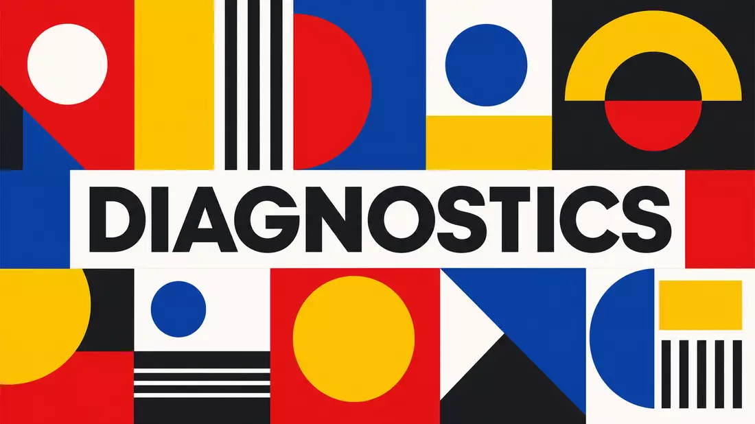 Bauhaus-Poster mit dem Wort DIAGNOSTICS in geometrischen Primärfarben nach Konstruktivismus-Stil