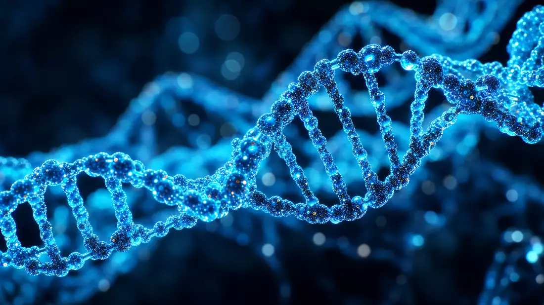 Extreme Makroaufnahme einer leuchtend blauen DNA-Doppelhelix auf dunklem Hintergrund mit Bokeh
