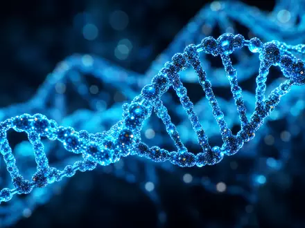 Danaher Corp. DNA-Doppelhelix US2358511028 in leuchtendem Blau als extreme Makroaufnahme molekularer Struktur - Foto: THN
