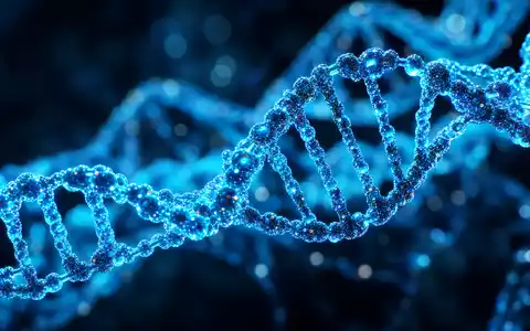 Danaher Corp. DNA-Doppelhelix US2358511028 in leuchtendem Blau als extreme Makroaufnahme molekularer Struktur - Foto: THN