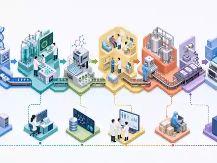 Danaher Corp. Biotechnologie-Wertschöpfungskette US2358511028 als isometrische 3D-Illustration von der Entdeckung bis zur Markteinführung - Foto: THN