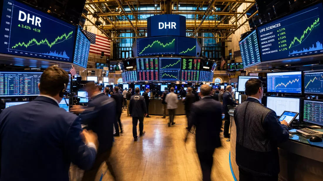 Börsen-Editorial des NYSE-Handelsplatzes mit DHR-Ticker und Life-Sciences-Kursdiagrammen