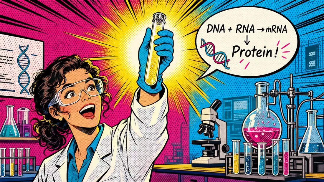 Pop-Art-Comic einer begeisterten Wissenschaftlerin mit leuchtendem Reagenzglas im Retro-Halftone-Stil
