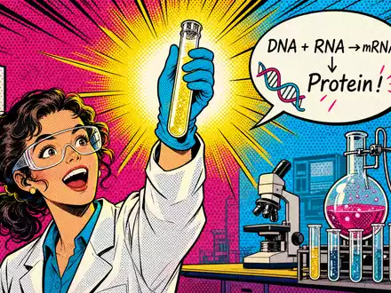Danaher Corp. Life-Sciences-Entdeckung US2358511028 als bunter Pop-Art-Comic mit Forscherin und leuchtendem Reagenzglas - Foto: THN
