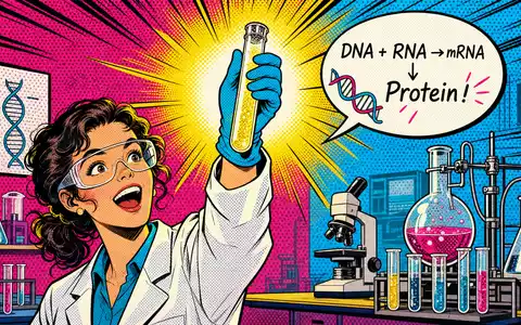 Danaher Corp. Life-Sciences-Entdeckung US2358511028 als bunter Pop-Art-Comic mit Forscherin und leuchtendem Reagenzglas - Foto: THN