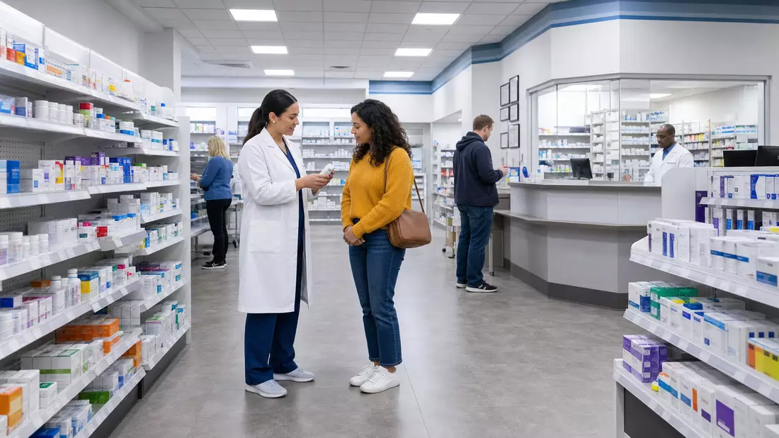 Moderner Apothekenverkaufsraum mit Apothekerin und Kundin vor Medikamentenregalen