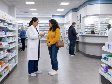CVS Health Corp. zeigt fotorealen Apothekenverkaufsraum mit Apothekerin und Kundin, ISIN US1266501006 - Foto: THN