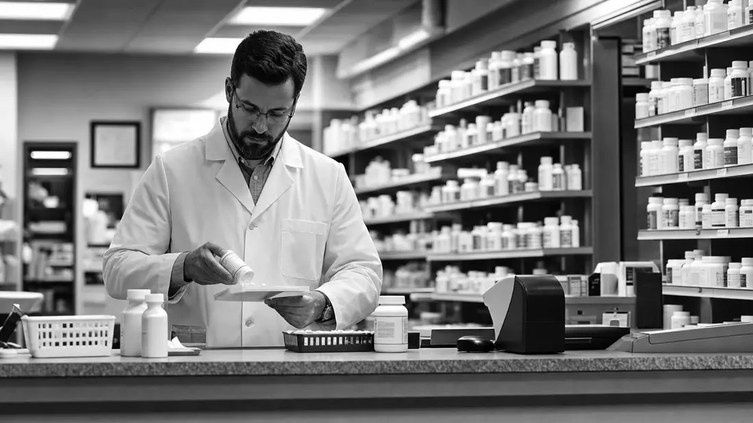 Schwarzweiß-Reportagefoto eines Apothekers beim Befüllen von Rezeptmedikamenten an der Theke