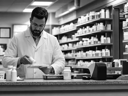 CVS Health Corp. dokumentiert Schwarzweiß-Reportage eines Apothekers bei der Rezeptabgabe, ISIN US1266501006 - Foto: THN