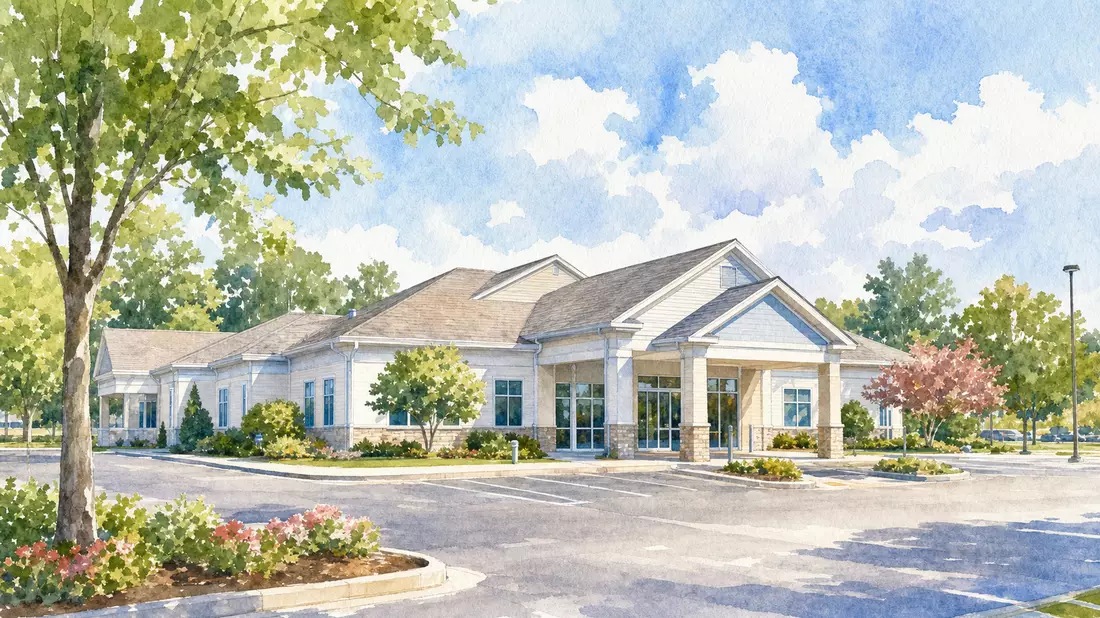Aquarellbild eines amerikanischen Gesundheitszentrums mit Bäumen und Parkplatz in Pastellfarben