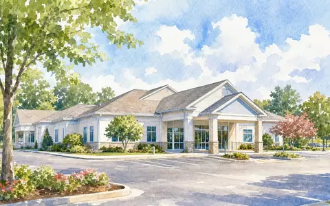 CVS Health Corp. Aquarell-Illustration zeigt amerikanisches Gesundheitszentrum im sonnigen Vorort, ISIN US1266501006 - Foto: THN