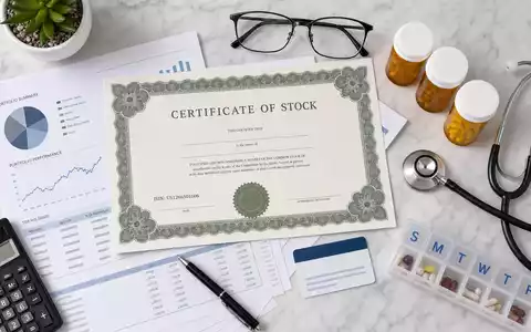 CVS Health Corp. Flatlay-Arrangement mit Aktienzertifikat, Stethoskop und pharmazeutischen Medikamenten, ISIN US1266501006 - Foto: THN