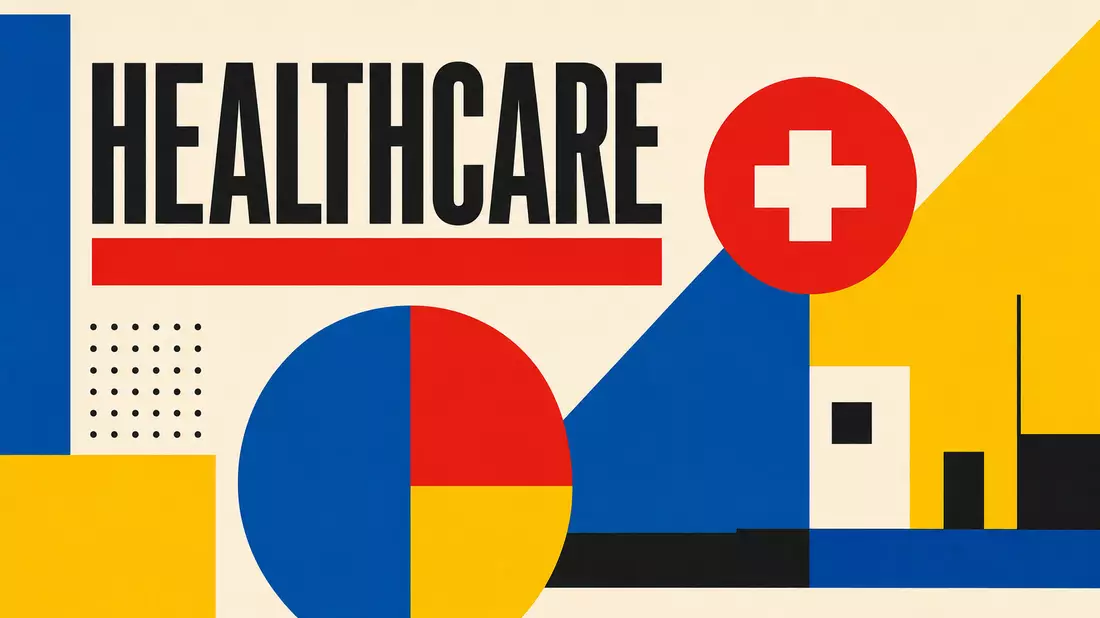 Bauhaus-Stil-Poster mit geometrischen Primärfarben und HEALTHCARE-Schriftzug im Modernismus-Design