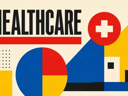 CVS Health Corp. Bauhaus-Poster zeigt HEALTHCARE-Schriftzug mit kräftigen geometrischen Primärfarben, ISIN US1266501006 - Foto: THN