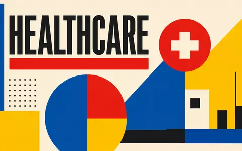 CVS Health Corp. Bauhaus-Poster zeigt HEALTHCARE-Schriftzug mit kräftigen geometrischen Primärfarben, ISIN US1266501006 - Foto: THN