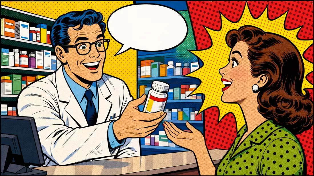 Lebendige Pop-Art-Comic-Szene mit stilisiertem Apotheker und Kundin im 1960er-Retrostil