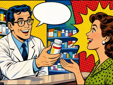 CVS Health Corp. Pop-Art-Comic zeigt Apotheker und Kundin mit Medikament im Retrostil, ISIN US1266501006 - Foto: THN