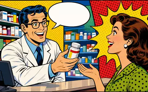 CVS Health Corp. Pop-Art-Comic zeigt Apotheker und Kundin mit Medikament im Retrostil, ISIN US1266501006 - Foto: THN
