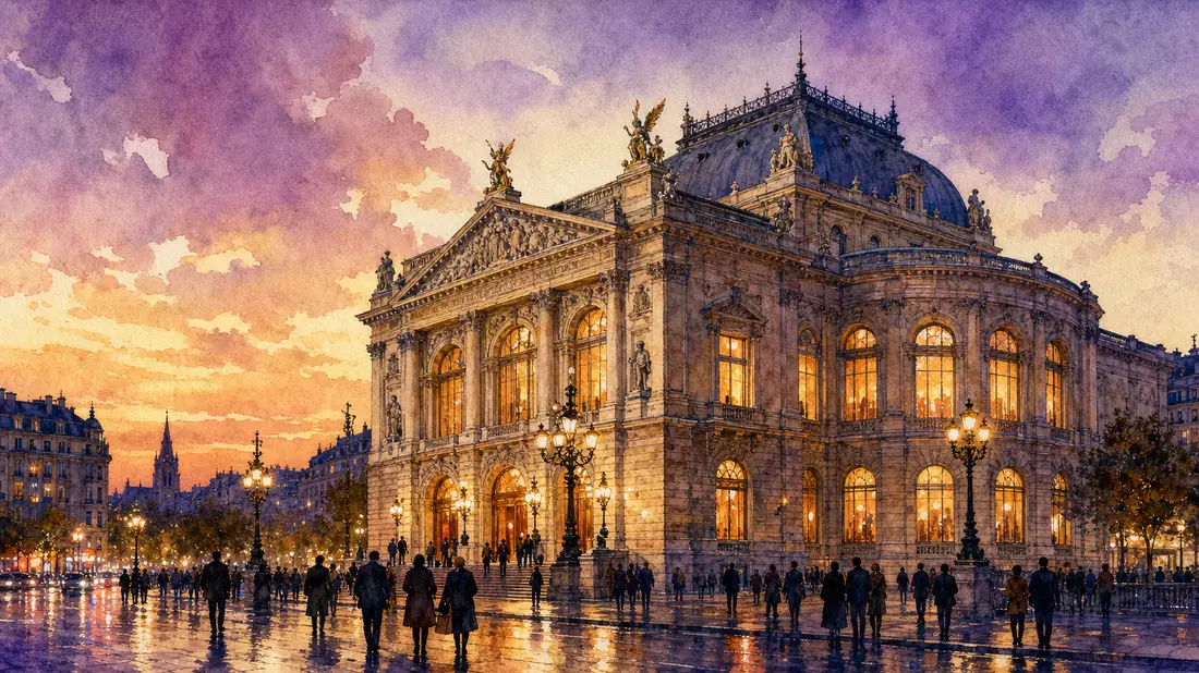 Aquarellgemälde eines großen europäischen Konzerthauses bei Dämmerung mit Silhouetten