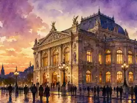 CTS Eventim DE0005470306 als Aquarell eines prächtig erleuchteten europäischen Konzerthauses in der Abenddämmerung - Foto: THN