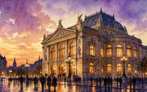 CTS Eventim DE0005470306 als Aquarell eines prächtig erleuchteten europäischen Konzerthauses in der Abenddämmerung - Foto: THN