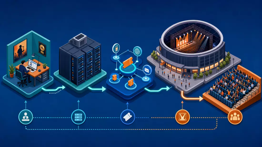 Isometrisches 3D-Prozessdiagramm der Live-Entertainment-Wertschöpfungskette von Buchung bis Arena