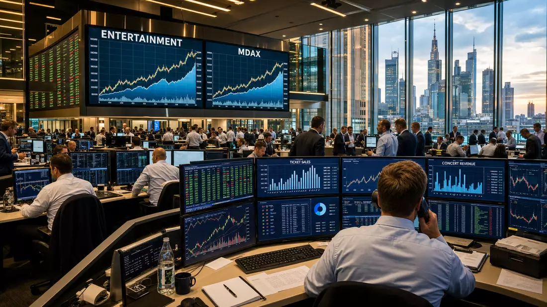 Börsen-Tradingfloor mit großen MDAX und Entertainment-Kursgrafiken auf Bildschirmen