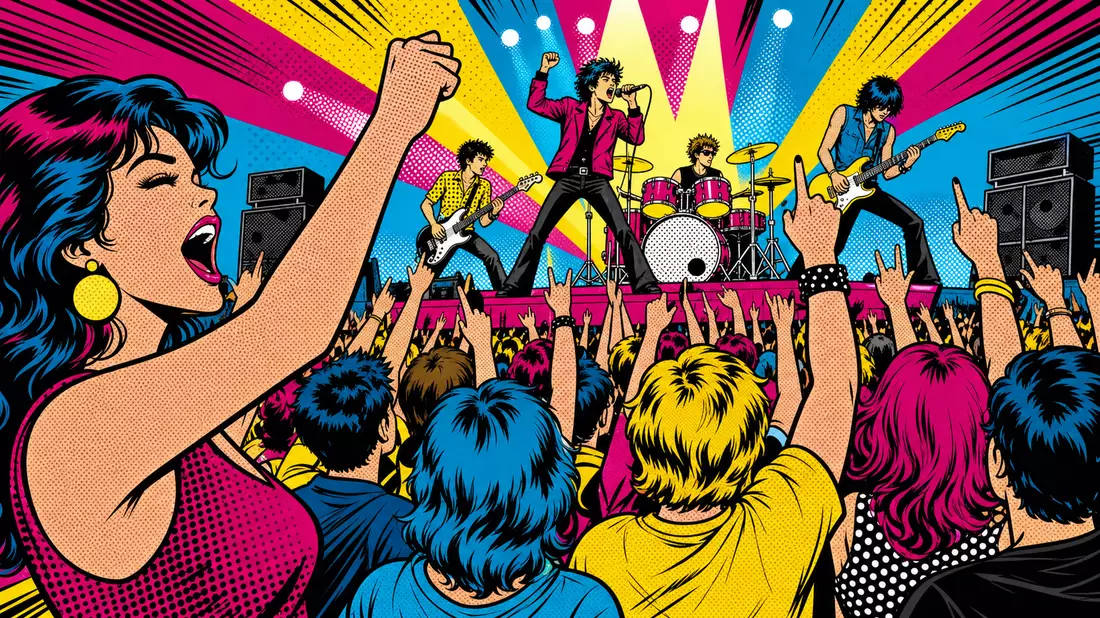 Pop-Art-Comic-Illustration eines energiegeladenen Rockkonzerts mit Halbton-Muster und Jubelpublikum