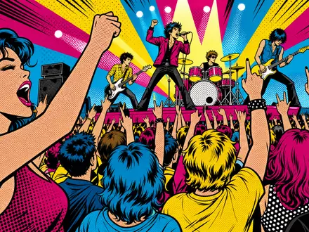 CTS Eventim DE0005470306 als knallbunter Pop-Art-Comic einer elektrisierenden Rock-Konzertszene mit jubelndem Publikum - Foto: THN