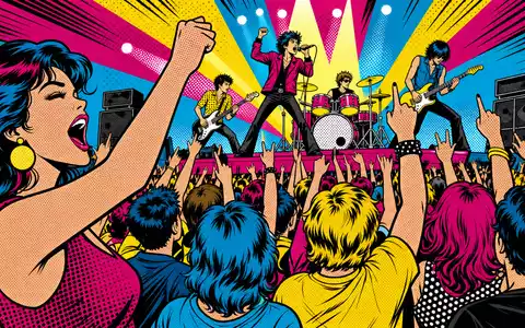 CTS Eventim DE0005470306 als knallbunter Pop-Art-Comic einer elektrisierenden Rock-Konzertszene mit jubelndem Publikum - Foto: THN