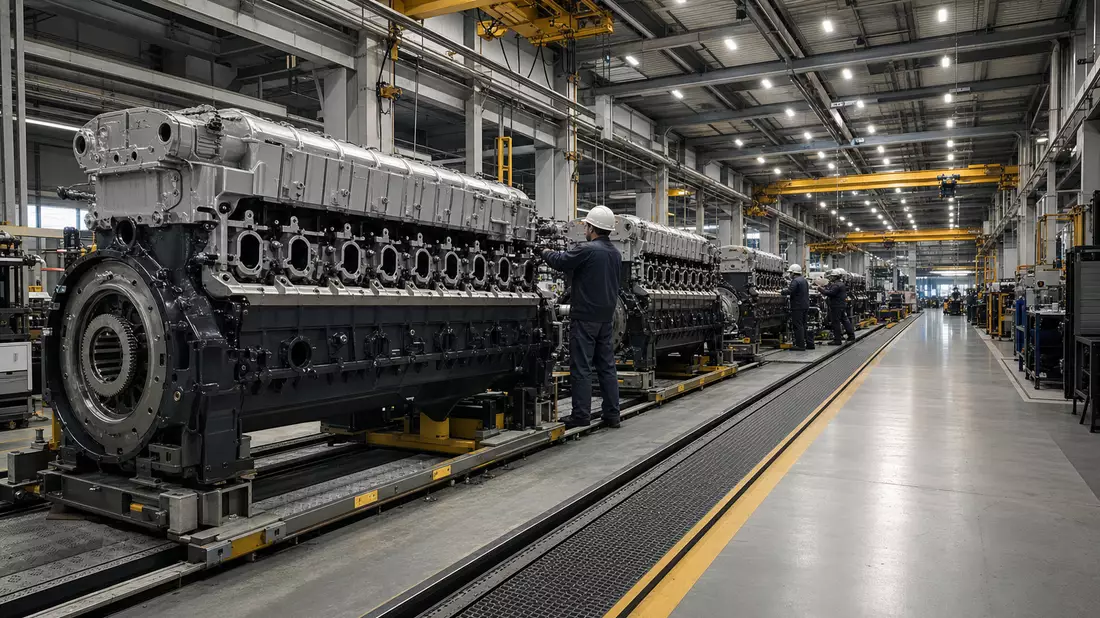 Fotorealistisches Innenbild einer Dieselmotorenfabrik mit Montagelinie und Arbeitern in Schutzhelmen