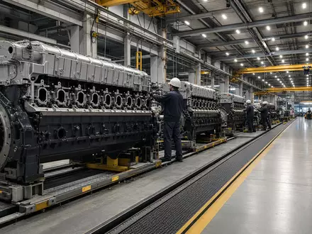 Cummins Inc. Motorenmontage US2310211063 – fotorealistische Dieselmotorenfertigung in großer Industriehalle mit Montagelinie - Foto: THN