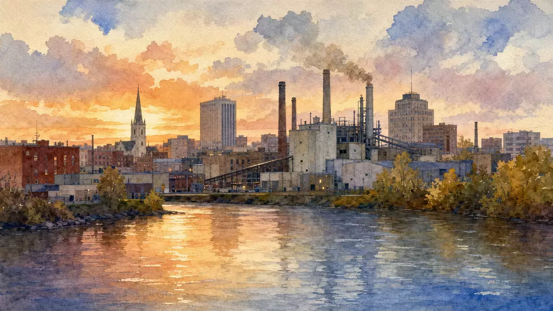 Aquarell der Industriestadt Columbus Indiana mit Fluss, Fabrikschornsteinen und Abendhimmel