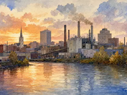 Cummins Inc. Stadtaquarell US2310211063 – impressionistisches Aquarell der Industriestadt Columbus mit Fluss und Abendlicht - Foto: THN